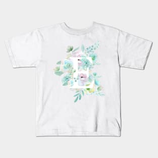 Botanical alphabet E green and purple flowers Kids T-Shirt